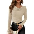 thumbnail image 1 of PRETTYGARDEN Women's Long Sleeve Cowl Neck Ribbed Knit Fall Shirts Slim Fit Ruched Going Out Crop Tops Basic T-Shirts, 1 of 9