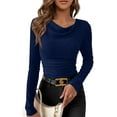 thumbnail image 1 of PRETTYGARDEN Women's Long Sleeve Cowl Neck Ribbed Knit Fall Shirts Slim Fit Ruched Going Out Crop Tops Basic T-Shirts, 1 of 9