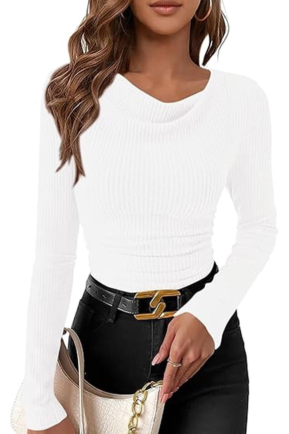 Women's Long Sleeve Cowl Neck Ribbed Knit Fall Shirts Slim Fit Ruched Going Out Crop Tops Basic T-Shirts