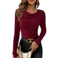 thumbnail image 1 of PRETTYGARDEN Women's Long Sleeve Cowl Neck Ribbed Knit Fall Shirts Slim Fit Ruched Going Out Crop Tops Basic T-Shirts, 1 of 9