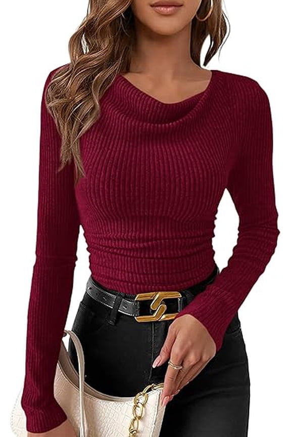 Women's Long Sleeve Cowl Neck Ribbed Knit Fall Shirts Slim Fit Ruched Going Out Crop Tops Basic T-Shirts