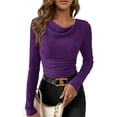 thumbnail image 1 of PRETTYGARDEN Women's Long Sleeve Cowl Neck Ribbed Knit Fall Shirts Slim Fit Ruched Going Out Crop Tops Basic T-Shirts, 1 of 9