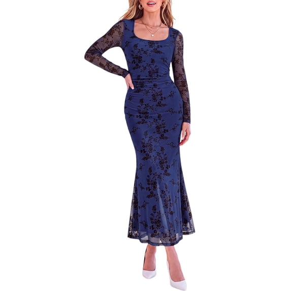 PRETTYGARDEN Women's Long Sleeve Floral Maxi Bodycon Dress Cocktail Dresses for Wedding Guest, Square Neck, Stretchy Mesh, Elegant Classy, Formal Holiday Party