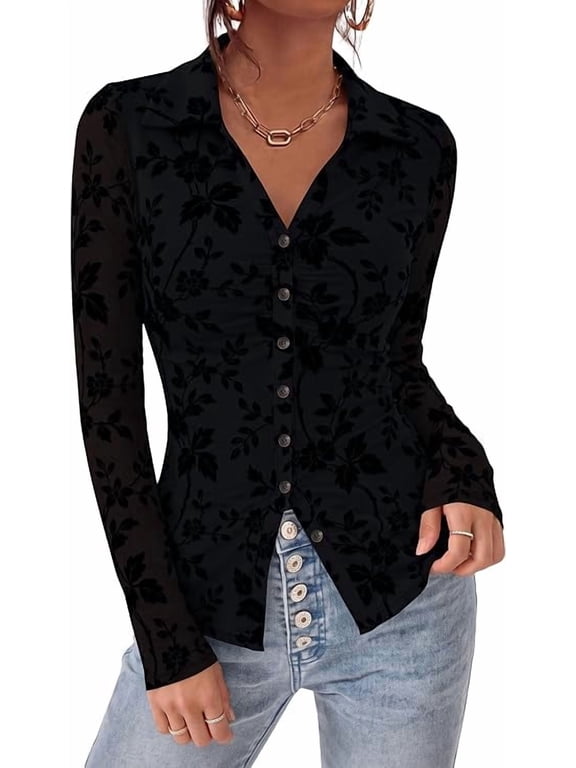 Women's Long Sleeve Floral Mesh Boho Tops Button Down Shirts Fall Blouses Dressy, Ruched Slim Fit, Collared V Neck, Trendy Going Out Date Night Outfit, Elegant Casual Work Office Clothes