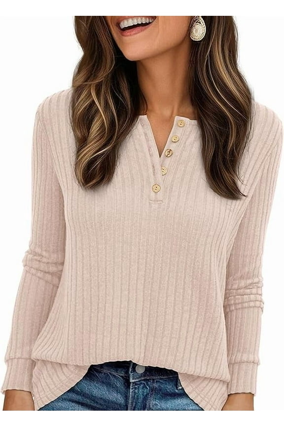Women's Long Sleeve Henley Shirts Fall Casual Ribbed Tunic Tops Lightweight Sweaters Fashion Clothing