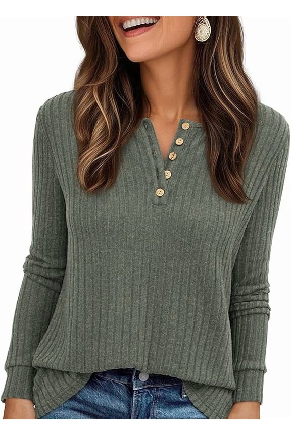 Women's Long Sleeve Henley Shirts Fall Casual Ribbed Tunic Tops Lightweight Sweaters Fashion Clothing