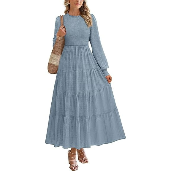 PRETTYGARDEN Women's Long Sleeve Maxi Dresses Fall Casual Smocked Trim Neck Swiss Dot Tiered Flowy Wedding Guest Dress