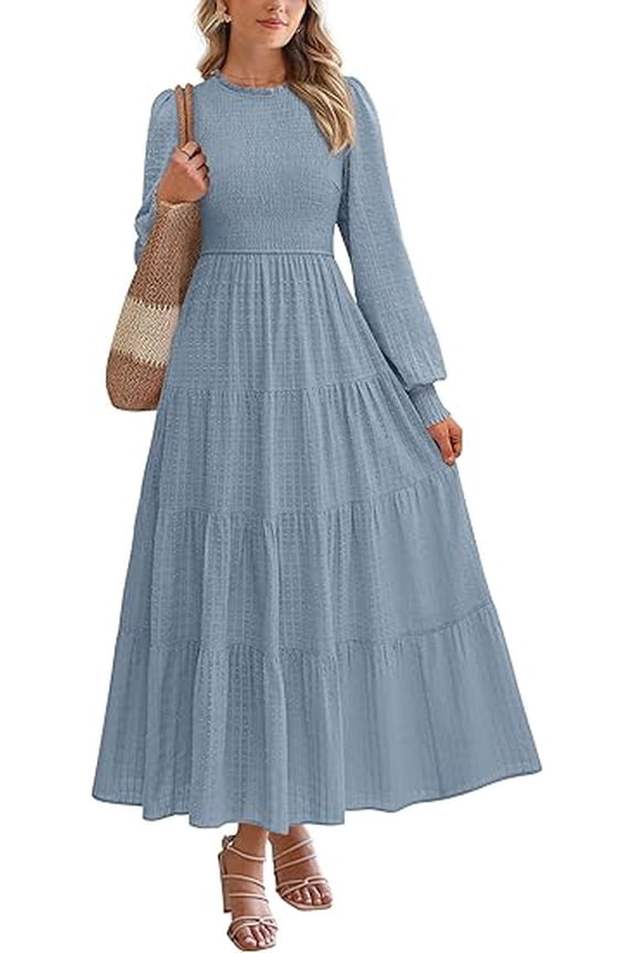 Women's Long Sleeve Maxi Dresses Fall Casual Smocked Trim Neck Swiss Dot Tiered Flowy Wedding Guest Dress