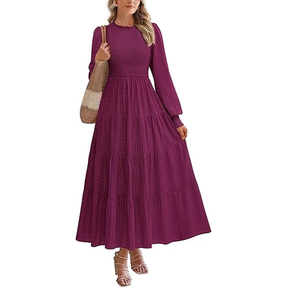PRETTYGARDEN Women's Long Sleeve Maxi Dresses Fall Casual Smocked Trim Neck Swiss Dot Tiered Flowy Wedding Guest Dress
