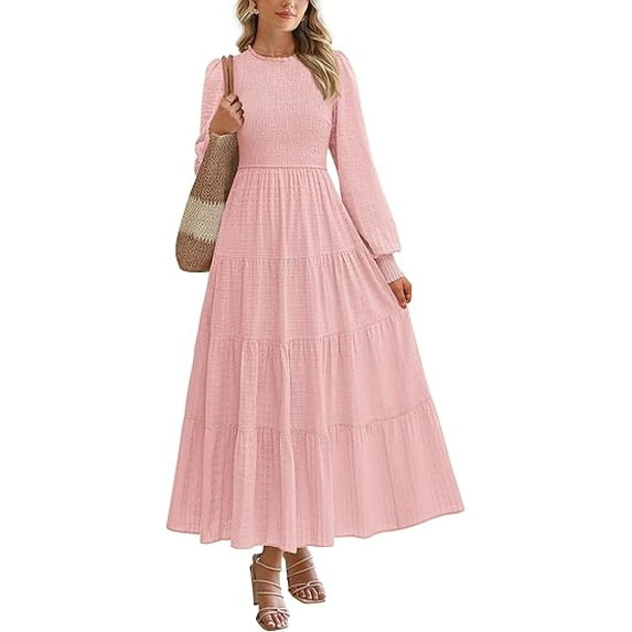 PRETTYGARDEN Women's Long Sleeve Maxi Dresses Fall Casual Smocked Trim Neck Swiss Dot Tiered Flowy Wedding Guest Dress
