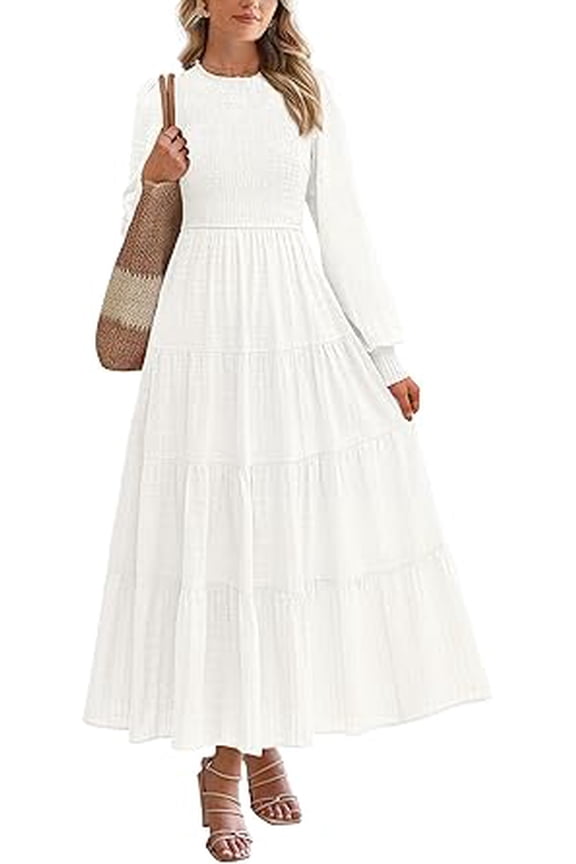 Women's Long Sleeve Maxi Dresses Fall Casual Smocked Trim Neck Swiss Dot Tiered Flowy Wedding Guest Dress