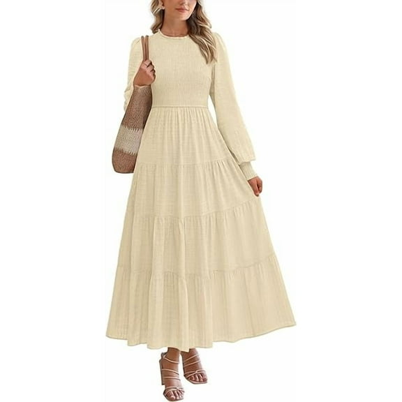 PRETTYGARDEN Women's Long Sleeve Maxi Dresses Fall Casual Smocked Trim Neck Swiss Dot Tiered Flowy Wedding Guest Dress