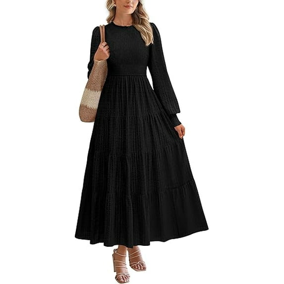 PRETTYGARDEN Women's Long Sleeve Maxi Dresses Fall Casual Smocked Trim Neck Swiss Dot Tiered Flowy Wedding Guest Dress