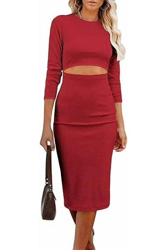 Women's Long Sleeve Midi Bodycon Dresses Casual Crewneck Cut Out Ribbed Knit Fitted Pencil Dress