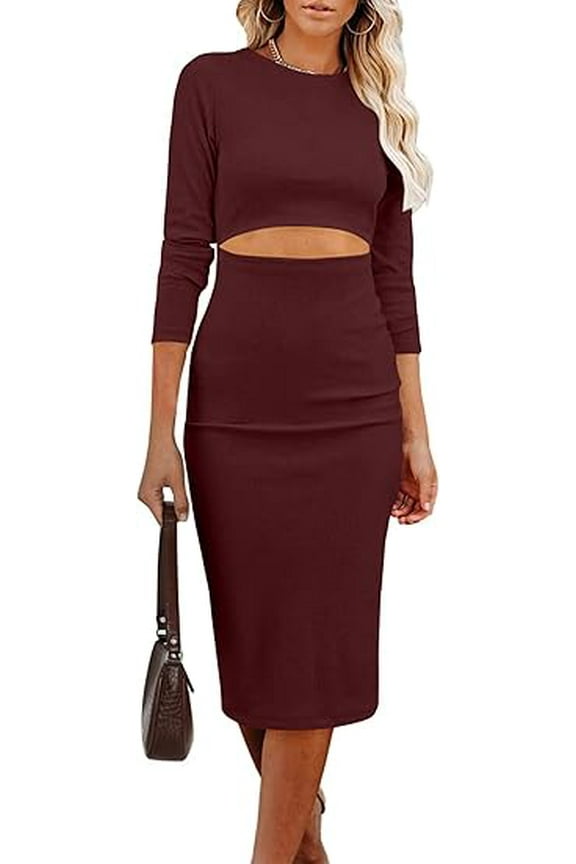 Women's Long Sleeve Midi Bodycon Dresses Casual Crewneck Cut Out Ribbed Knit Fitted Pencil Dress