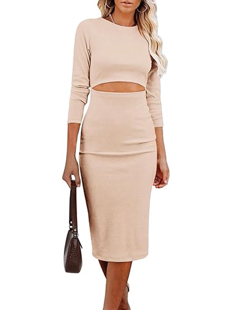 knee length dresses for ladies Black Lace Overlay Long Sleeve Fitted Midi Dress
