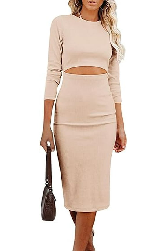 Women's Long Sleeve Midi Bodycon Dresses Casual Crewneck Cut Out Ribbed Knit Fitted Pencil Dress