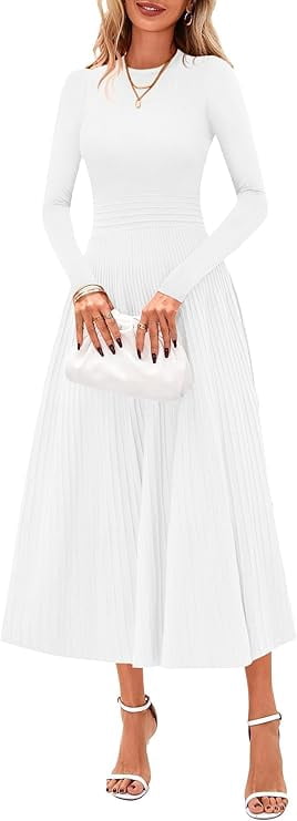 long sleeve pleated ribbed midi sweater dress MEROKEETY Women's Long Sleeve A Line Pleated Sweater Dress, Apricot, S
