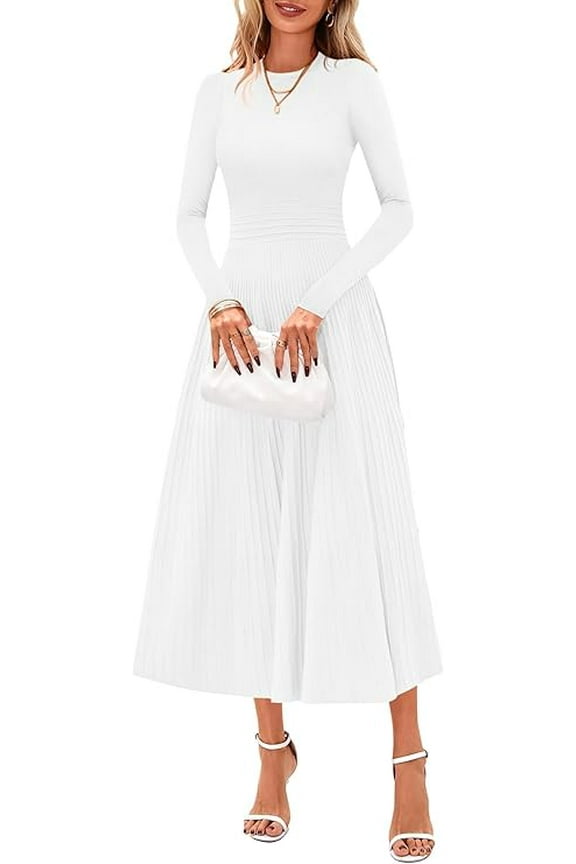 Women's Long Sleeve Midi Sweater Dress Fall Crewneck Knit A Line Pleated Wedding Guest Winter Dresses
