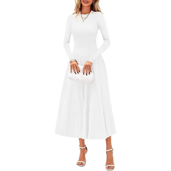 PRETTYGARDEN Women's Long Sleeve Midi Sweater Dress Fall Crewneck Knit A Line Pleated Wedding Guest Winter Dresses