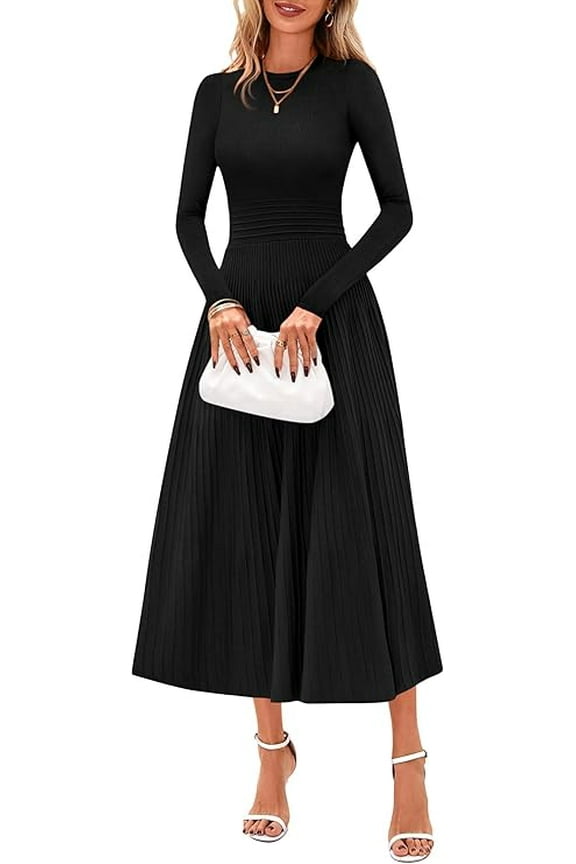 Women's Long Sleeve Midi Sweater Dress Fall Crewneck Knit A Line Pleated Wedding Guest Winter Dresses