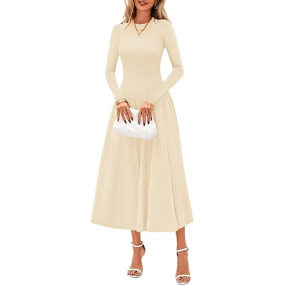 PRETTYGARDEN Women's Long Sleeve Midi Sweater Dress Fall Crewneck Knit A Line Pleated Wedding Guest Winter Dresses