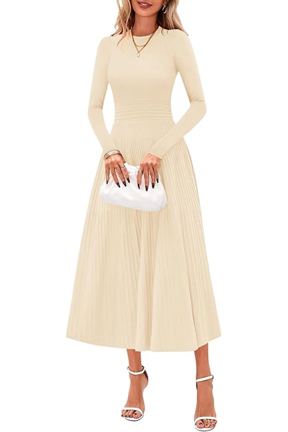 Women's Long Sleeve Midi Sweater Dress Fall Crewneck Knit A Line Pleated Wedding Guest Winter Dresses