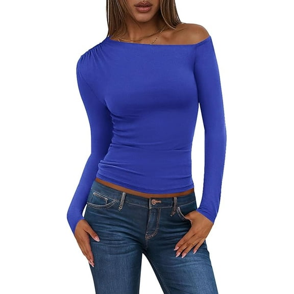 PRETTYGARDEN Women's Long Sleeve Off Shoulder Tops Fall Fashion Ruched Fitted Going Out Shirts Blouse Trendy Clothes