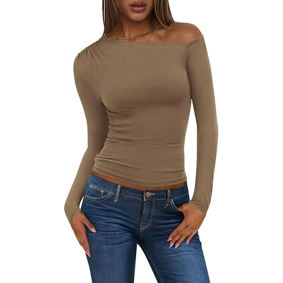 PRETTYGARDEN Women's Long Sleeve Off Shoulder Tops Fall Fashion Ruched Fitted Going Out Shirts Blouse Trendy Clothes