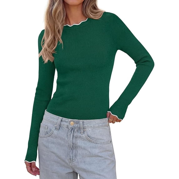 PRETTYGARDEN Women's Long Sleeve Ribbed Knit Pullover Sweaters | Contrast Trim, Going Out Tops, Soft Stretch Fabric, Slim Fitted, Scallop Edge, Casual Fall Outfits, Layering Winter Clothing