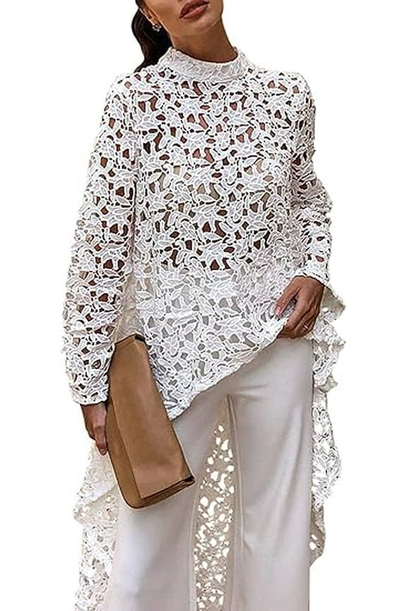 Women's Long Sleeve Round Neck High Low Asymmetrical Irregular Hem Casual Tops Blouse Shirt Dress