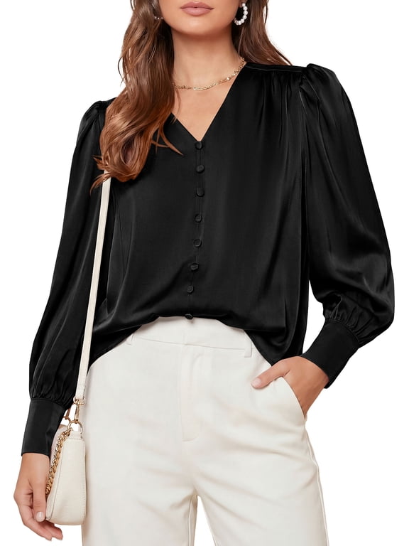 Satin Long Sleeve Womens Blouses Dressy Casual | Glossy Smooth Silk Fabric,Lantern Sleeve Fall Tops,Decorative Button Pullover,V Neck Shirts,Office Work Business Outfits