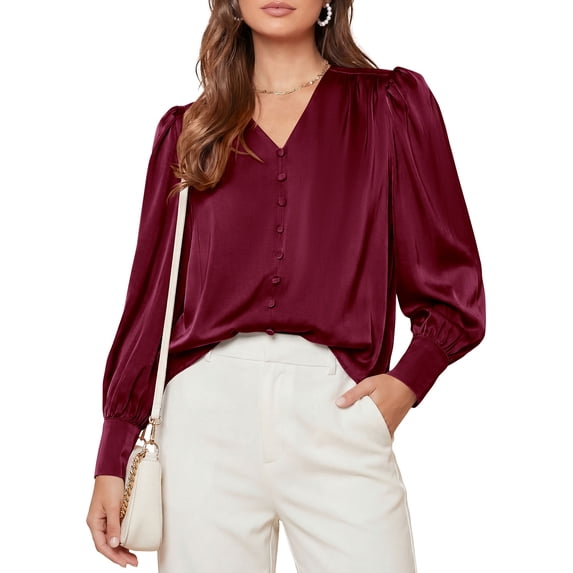 PRETTYGARDEN Satin Long Sleeve Womens Blouses Dressy Casual | Glossy Smooth Silk Fabric,Lantern Sleeve Fall Tops,Decorative Button Pullover,V Neck Shirts,Office Work Business Outfits