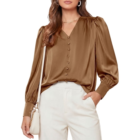 PRETTYGARDEN Satin Long Sleeve Womens Blouses Dressy Casual | Glossy Smooth Silk Fabric,Lantern Sleeve Fall Tops,Decorative Button Pullover,V Neck Shirts,Office Work Business Outfits