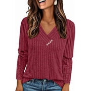 PRETTYGARDEN Women's Long Sleeve Shirts Fall Fashion Clothes Casual Ribbed V Neck Loose Tunic Tops Lightweight Sweaters