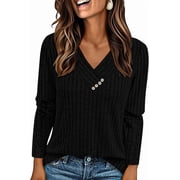 PRETTYGARDEN Women's Long Sleeve Shirts Fall Fashion Clothes Casual Ribbed V Neck Loose Tunic Tops Lightweight Sweaters