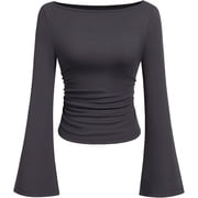 PRETTYGARDEN Women's Long Sleeve Shirts Fall Going Out Tops Casual Boat Neck Bell Sleeve Ribbed Ruched Knit Blouse