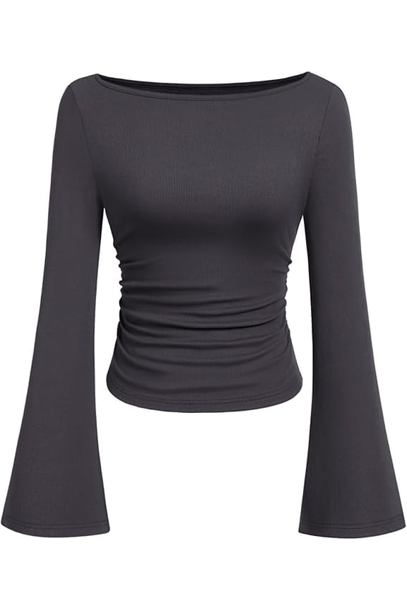 Women's Long Sleeve Shirts Fall Going Out Tops Casual Boat Neck Bell Sleeve Ribbed Ruched Knit Blouse