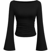 PRETTYGARDEN Women's Long Sleeve Shirts Fall Going Out Tops Casual Boat Neck Bell Sleeve Ribbed Ruched Knit Blouse