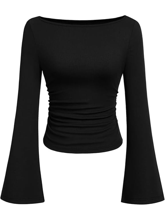 Women's Long Sleeve Shirts Fall Going Out Tops Casual Boat Neck Bell Sleeve Ribbed Ruched Knit Blouse