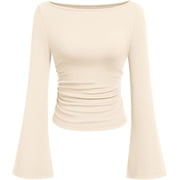 PRETTYGARDEN Women's Long Sleeve Shirts Fall Going Out Tops Casual Boat Neck Bell Sleeve Ribbed Ruched Knit Blouse