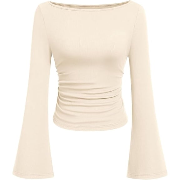 PRETTYGARDEN Women's Long Sleeve Shirts Fall Going Out Tops Casual Boat Neck Bell Sleeve Ribbed Ruched Knit Blouse