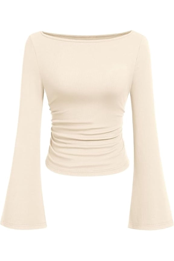 Women's Long Sleeve Shirts Fall Going Out Tops Casual Boat Neck Bell Sleeve Ribbed Ruched Knit Blouse