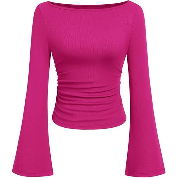 PRETTYGARDEN Women's Long Sleeve Shirts Fall Going Out Tops Casual Boat Neck Bell Sleeve Ribbed Ruched Knit Blouse