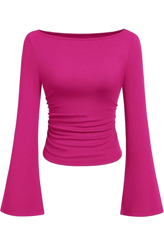 Women's Long Sleeve Shirts Fall Going Out Tops Casual Boat Neck Bell Sleeve Ribbed Ruched Knit Blouse