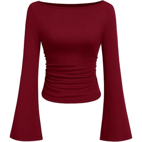 Women's Long Sleeve Shirts Fall Going Out Tops Casual Boat Neck Bell Sleeve Ribbed Ruched Knit Blouse