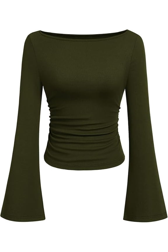 Women's Long Sleeve Shirts Fall Going Out Tops Casual Boat Neck Bell Sleeve Ribbed Ruched Knit Blouse