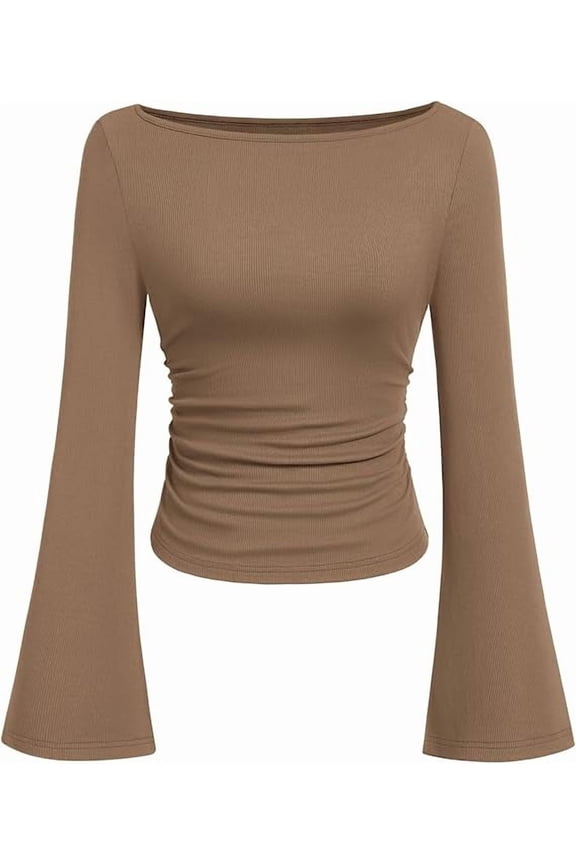 Women's Long Sleeve Shirts Fall Going Out Tops Casual Boat Neck Bell Sleeve Ribbed Ruched Knit Blouse