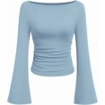 thumbnail image 1 of PRETTYGARDEN Women's Long Sleeve Shirts Fall Going Out Tops Casual Boat Neck Bell Sleeve Ribbed Ruched Knit Blouse, 1 of 10