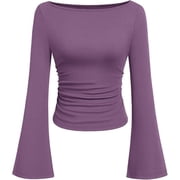 PRETTYGARDEN Women's Long Sleeve Shirts Fall Going Out Tops Casual Boat Neck Bell Sleeve Ribbed Ruched Knit Blouse